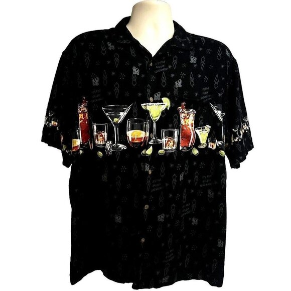 Big Dogs Black Hawaiian Button Up Camp Shirt Medium Cocktails Pocket Tropical - Picture 3 of 6